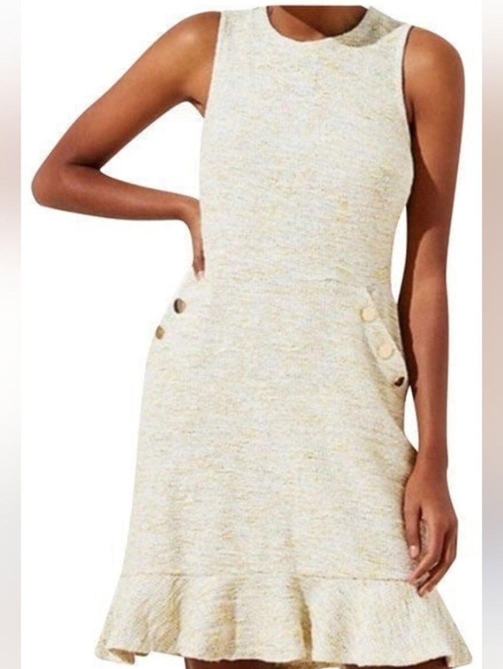 LOFT Cream Tweed Sleeveless Ruffle-Hem Dress